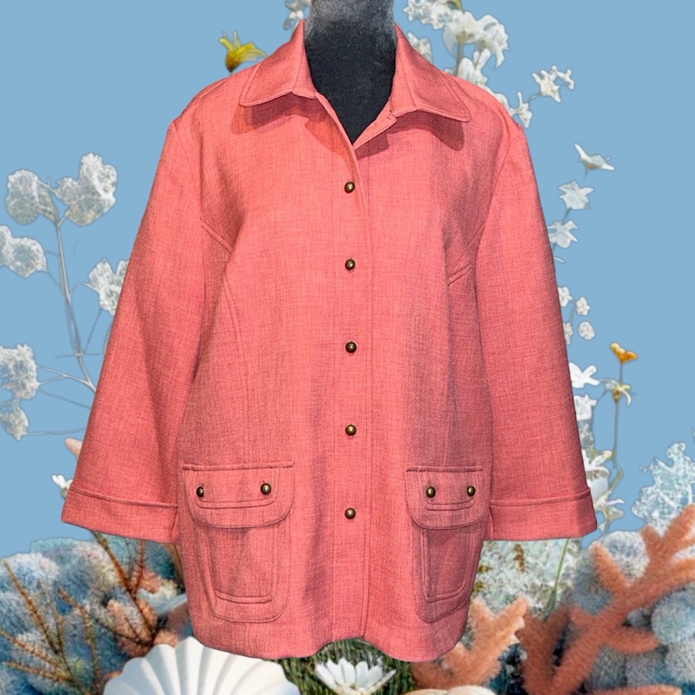 Alfred Dunner retro 70s pattern 3/4 sleeve jacket metal buttons front pockets